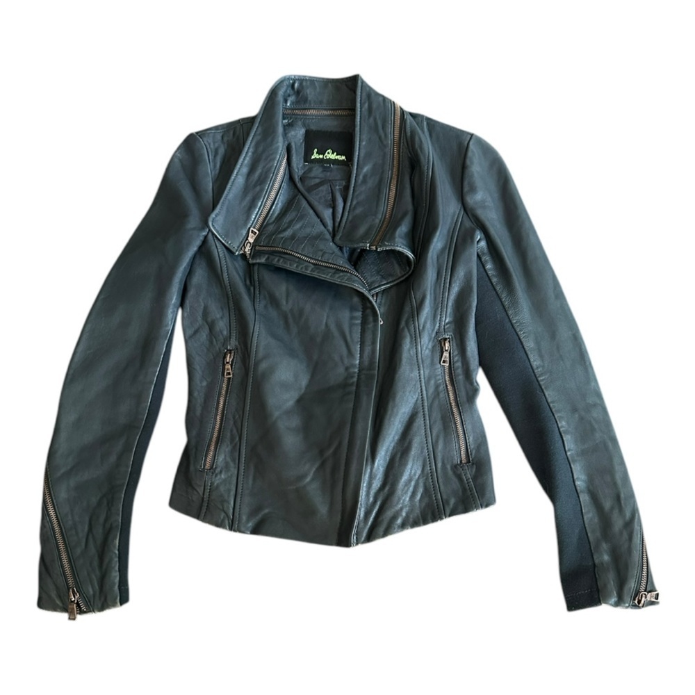Sam Edelman Genuine Leather Moto Jacket Women’s XS Gray Stretch Sleeve Z…